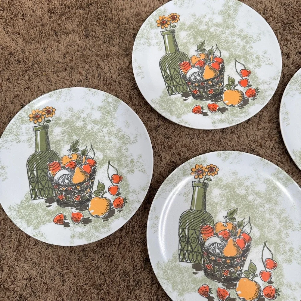 Vintage Texas Ware Melamine Dinner Plates Set of 4 Fruit Still Life MCM 9.75